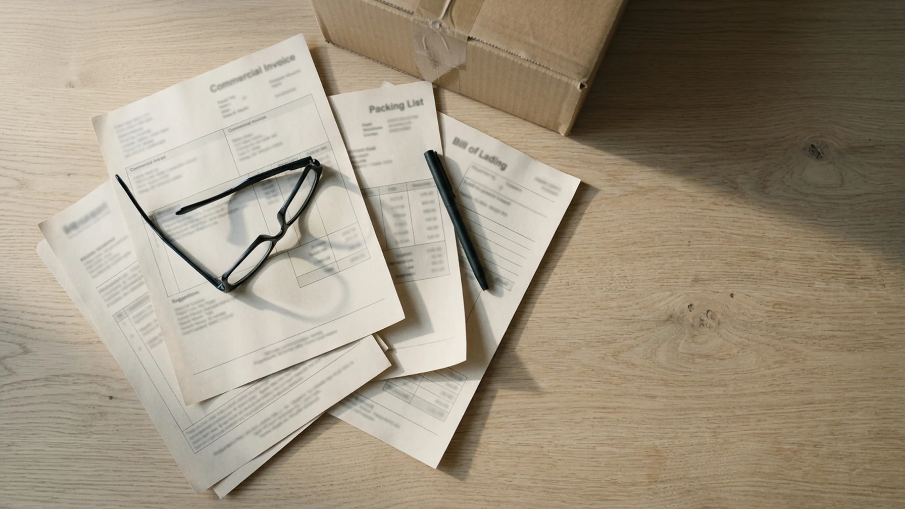 A desk with a commercial invoice, packing list and bill of lading fanned out beside a shipping carton, a pair of reading glasses resting on the paperwork, daylight from a nearby window.