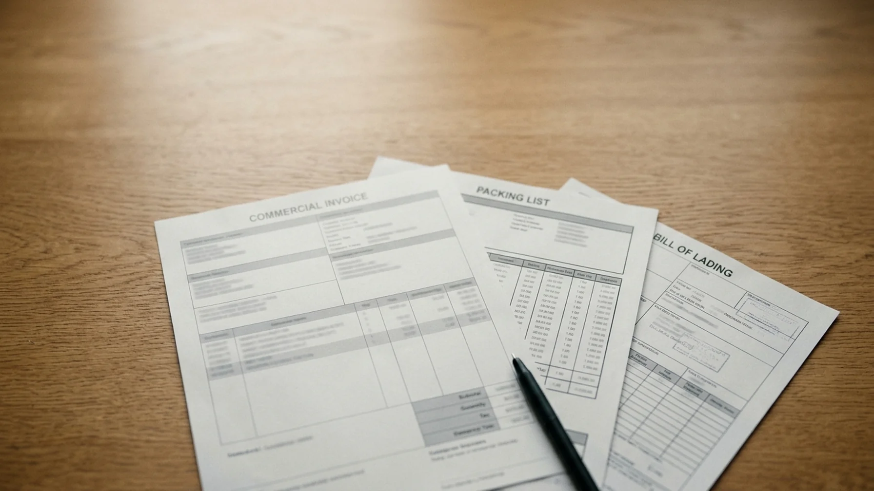 Overhead view of an export document set spread on a wooden desk: commercial invoice, packing list and bill of lading, with a pen and a pair of reading glasses resting on the pages.