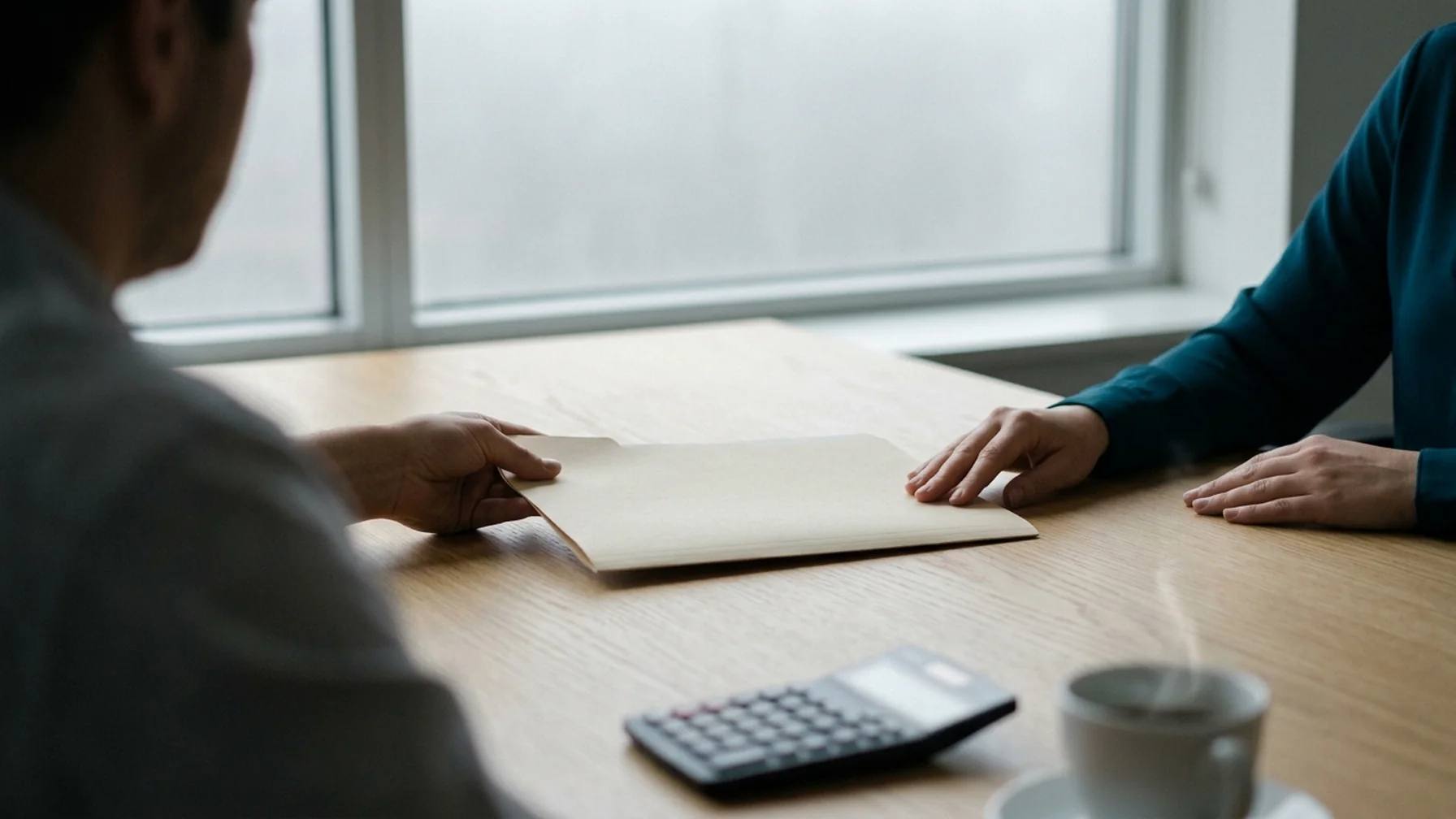 A bank officer reviewing a letter of credit application across a desk from an exporter, with a document folder and a calculator between them in a bright office.