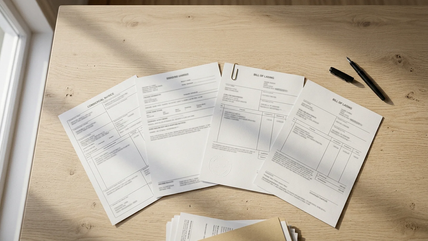 Close-up of a commercial invoice and bill of lading spread on a desk beside a folder of export papers, morning light across the page edges