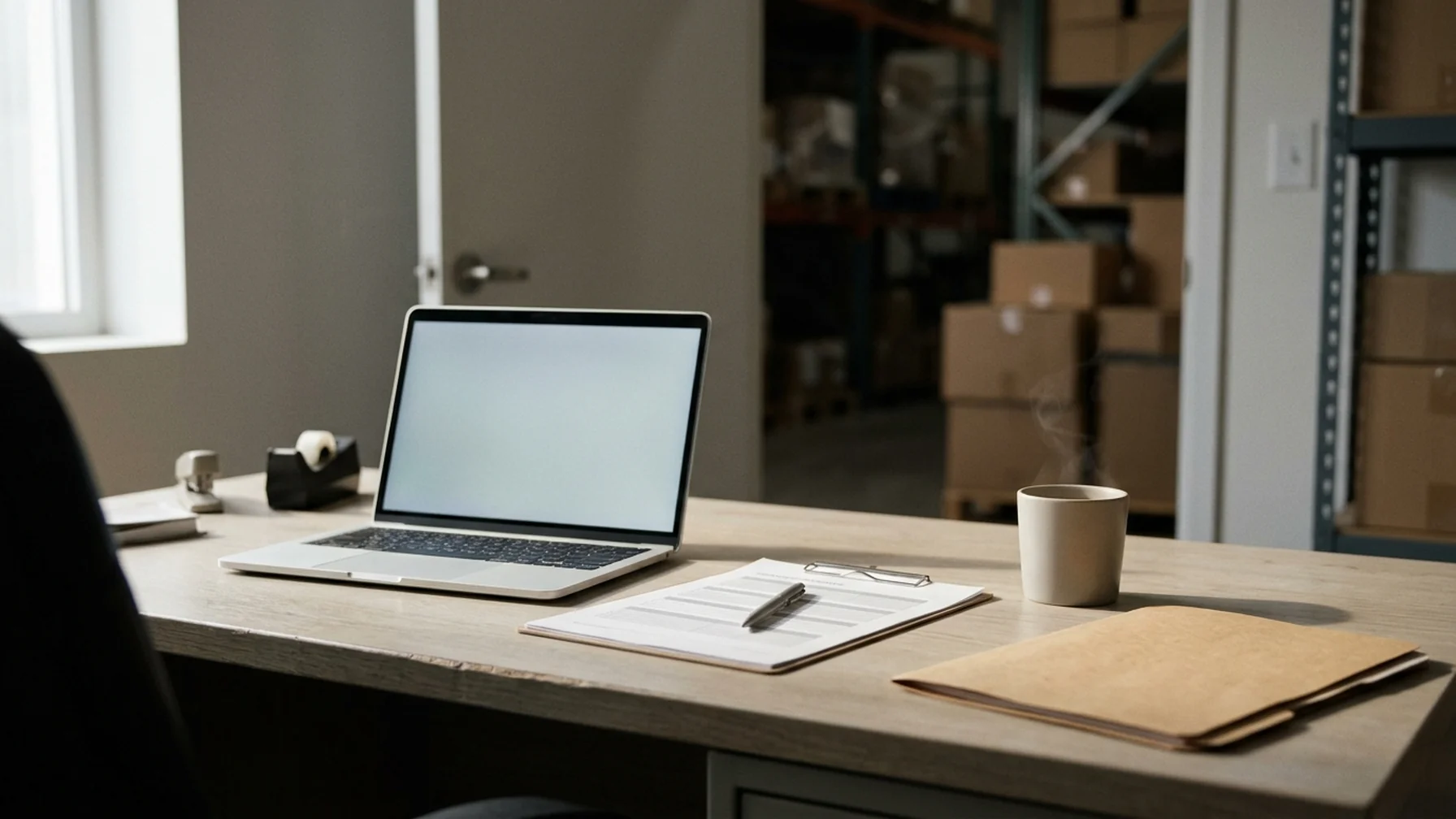 Compliance reviewer at a desk with a laptop and a printed checklist, cartons visible through a warehouse door behind