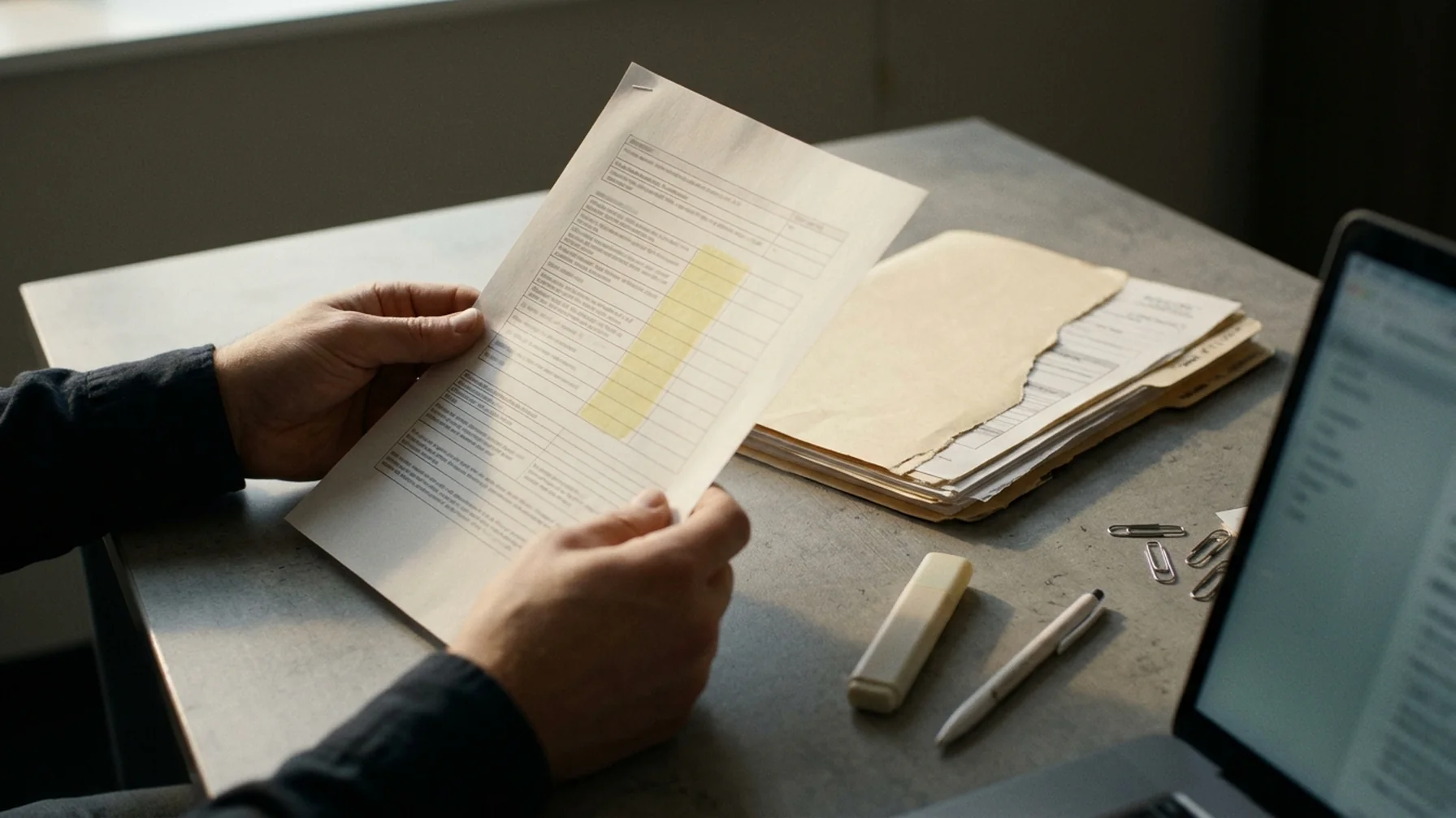 Close-up of hands sorting a printed product specification sheet next to a laptop showing a classification table, in a small office with daylight from a side window.